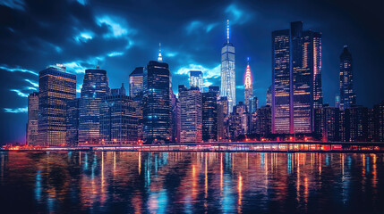 Colorful night city skyline reflection