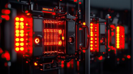 Close-up view of intricate, glowing technological hardware.