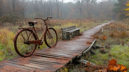 Fototapeta premium Misty Autumn Path Rustic Bike Bench.