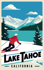 Lake Tahoe, California, USA Ski travel poster in retro style. Vector vintage art illustration