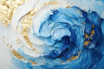 Abstract painting of swirling blue and white hues with gold accents, evoking a sense of movement and fluidity.