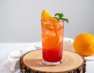 Fototapeta premium A tall glass of reddish-orange cocktail with ice, garnished with an orange slice and mint, sits on a wooden stump with a whole orange in the background.