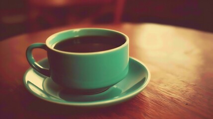 Fototapeta premium Vintage styled image of a steaming cup of black coffee on a wooden table