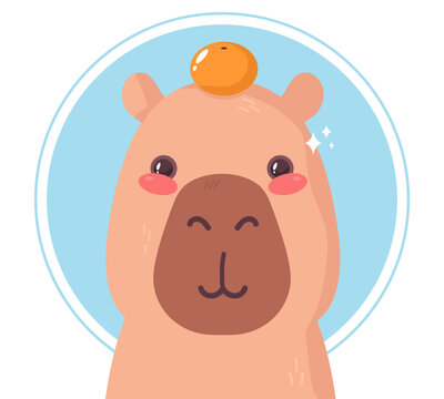 recommend clip art: Cute capybara with tangerine on a head. Vector illustration