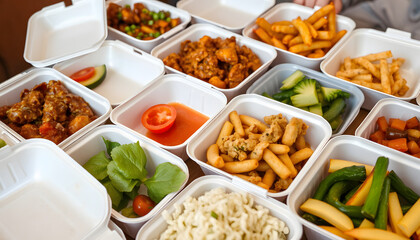 Takeaway food in disposable containers on table, detailed. with white shades