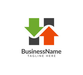 Modern logo mark with letter H and arrow icon bar candlestick for trading, investment, finance, statistic, accounting or marketing business