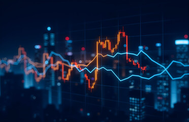 Financial Chart Over Cityscape at Night