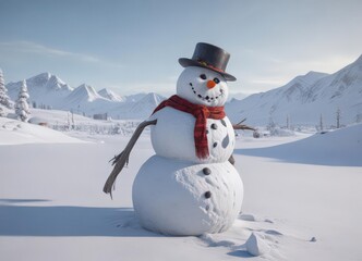 Naklejka premium Frosty snowman in desolate snowscape, winter gear scattered , sled, snowy, season