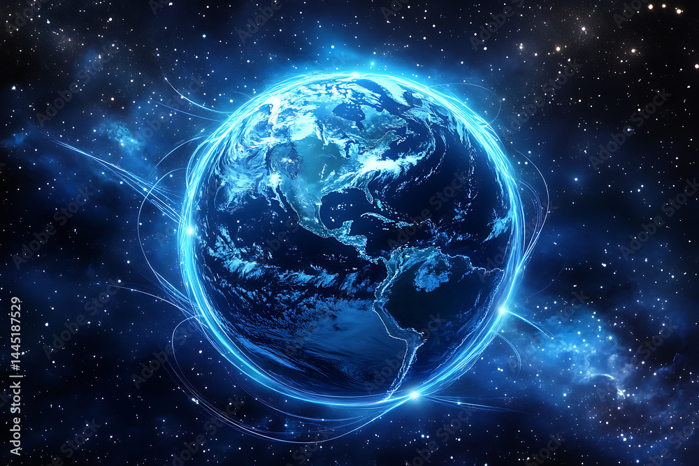 Wall mural planet earth in space , binary code technology , glowing sphere on black background