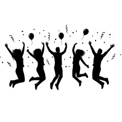 Silhouettes of a Joyful Group Celebration with Balloons, Confetti, and Raised Hands – Festive Party Scene on White Background