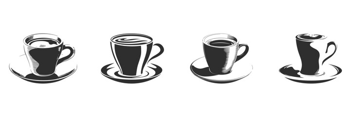 Coffee Cups Silhouette Set. Variety Of Coffee Mugs On Saucers In Artistic Style. Isolated Vector Illustration Collection