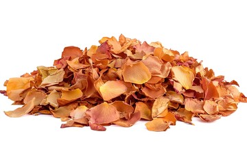 Pile of PeachColored Dried Rose Petals on a White Background, Floral Still Life 86