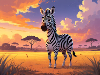 Majestic Cartoon Zebra in Golden Savanna - Cinematic Sunset Illustration.