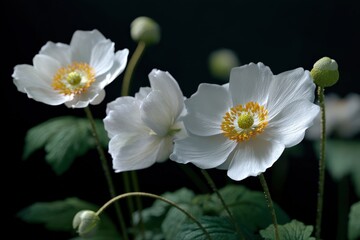 Fototapeta premium Delicate white flowers with yellow centers, illuminated against a dark background. A serene and elegant image of nature's beauty.