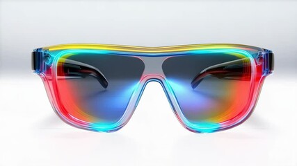 Futuristic eyewear sunglasses with clear frame and neon colors lens, representing modern stylish accessories and transparent technology, isolated on white.