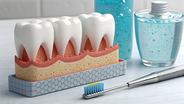 Healthy gums and teeth with fluoride liquid bubble