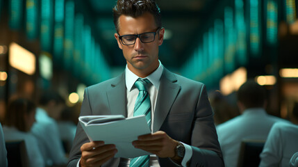 Financial analyst with a focused expression, reading reports while wearing a green shirt in an office—ideal for finance, business, or professional content.

