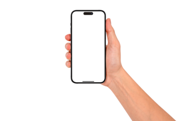 Hand holding smartphone with blank screen isolated. High quality studio shot. Concept for technology, business, finance and advertising.
