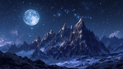 Moonlit mountain ridge silvery light jagged peaks starry sky with Milky Way clarity