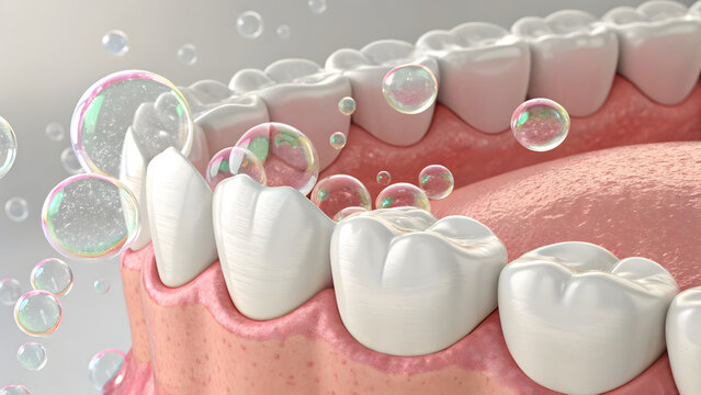 Healthy gums and teeth with fluoride liquid bubble