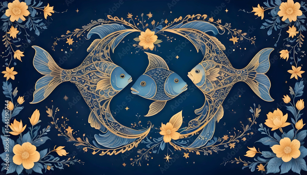 Poster stylized fish, adorned with intricate patterns