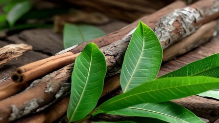 Aromatic cinnamon sticks and fresh green leaves on rustic wooden surface, close-up of natural spices, ingredient for food or herbal remedies