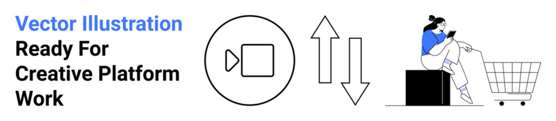 Woman seated near shopping cart using smartphone beside icons of video and upload-download arrows. Ideal for e-commerce, mobile apps, digital marketing, online shopping, technology use, modern