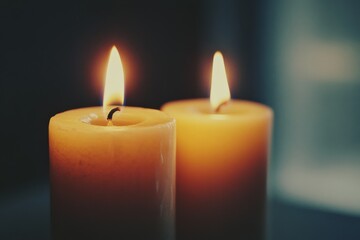 The warm glow of twin candles softly illuminates the dark, creating an intimate, serene ambiance with flickering golden light.