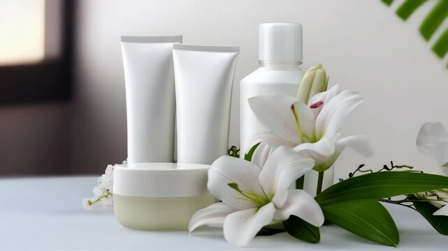 Elegant white cosmetic packaging mockup display with fresh lily blooms and green foliage against a clean background