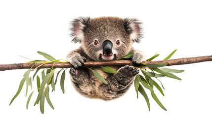 Cute koala hanging on a branch with greenery.