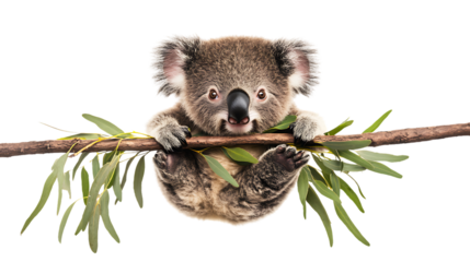 Cute koala hanging on a branch with greenery.