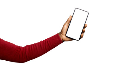 Outstretched Black African hand in red long sleeves body con sweater holding mobile phone with blank yellow screen isolated on transparent background. Lift raise showing front view