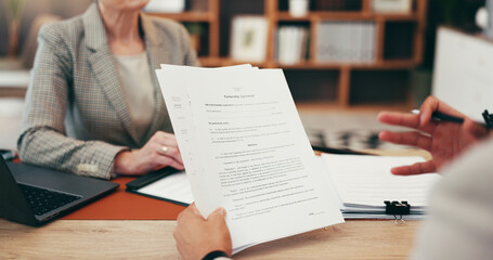 Business people, hands and lawyer with legal contract for court testimony, partnership agreement or policy. Attorney, client or discussion with paperwork or filing for law conduct or case advice