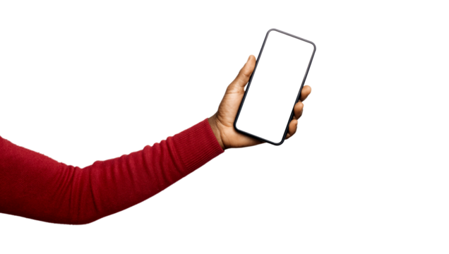 Outstretched Black African hand in red long sleeves body con sweater holding mobile phone with blank yellow screen isolated on transparent background. Lift raise showing front view