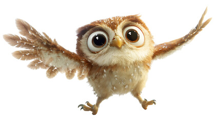 Cute owl with big eyes and outstretched wings.