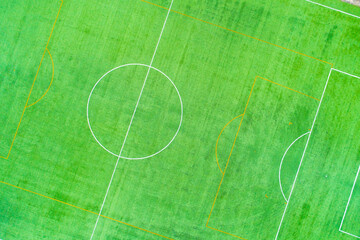 drone top view photography of a synthetic turf sports field overhead view of a soccer football pitch layout - obrazy, fototapety, plakaty