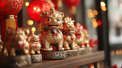 Fototapeta premium Golden guardian lions, red lanterns, Chinese New Year decorations