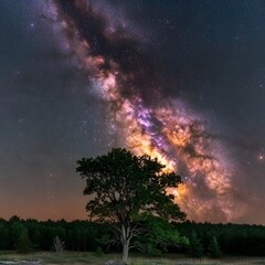 Majestic Milky Way Galaxy Arching Over Solitary Tree in Night Sky Landscape