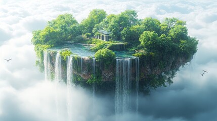 Obraz premium A breathtaking floating island paradise with lush greenery, cascading waterfalls, and serene waters surrounded by clouds