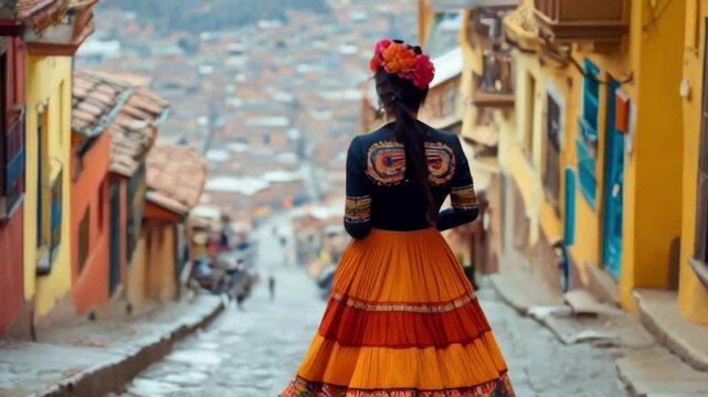 A woman wearing a colorful skirt walks down a street. The scene is lively and colorful, with many people walking around and the buildings in the background adding to the atmosphere