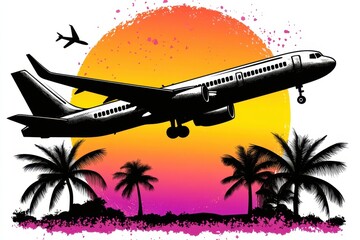 Airplane Flying Over Tropical Landscape with Vibrant Sunset Background