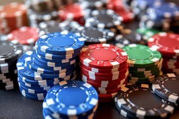 A colorful stack of poker chips scattered on a table conveys the lively energy of a casino.