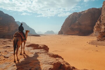 A man rides a camel in Jordan's Wadi Rum desert with rocky mountains. Good for travel blogging or ads about desert tourism and culture.