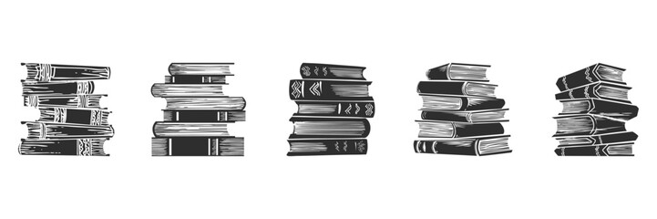 Stacked Books Silhouette Set. Vintage Literature And Knowledge Concept Isolated Vector Illustration Collection
