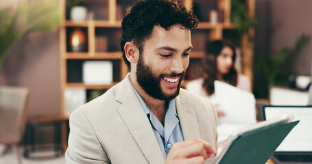 Fototapeta premium Happy, tablet and businessman in office for research, online budget review and finance proposal. Professional, accountant and person on digital tech for website, financial consultant and planning