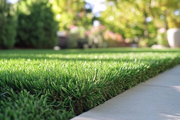 Obraz premium Lush Green Artificial Turf CloseUp, Garden Pathway, Blurred Background, Sunny Day