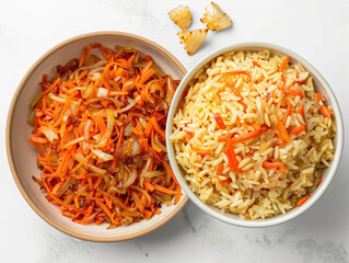 Healthy colorful food dishes top view