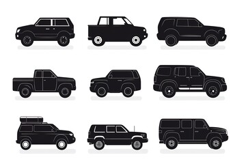 Fototapeta premium Assorted Automotive Vehicles Silhouettes of Black Cars, Truck, SUV, Side Views, Simple