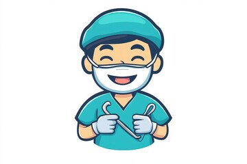 Cheerful Surgeon Cartoon Character with Tools and Surgical Attire