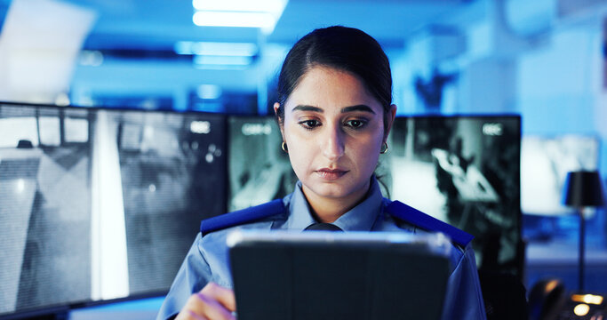 Security guard, thinking and woman with tablet, safety and cctv screen footage for night shift for video surveillance. Camera, monitor or person with communication in control room for protection